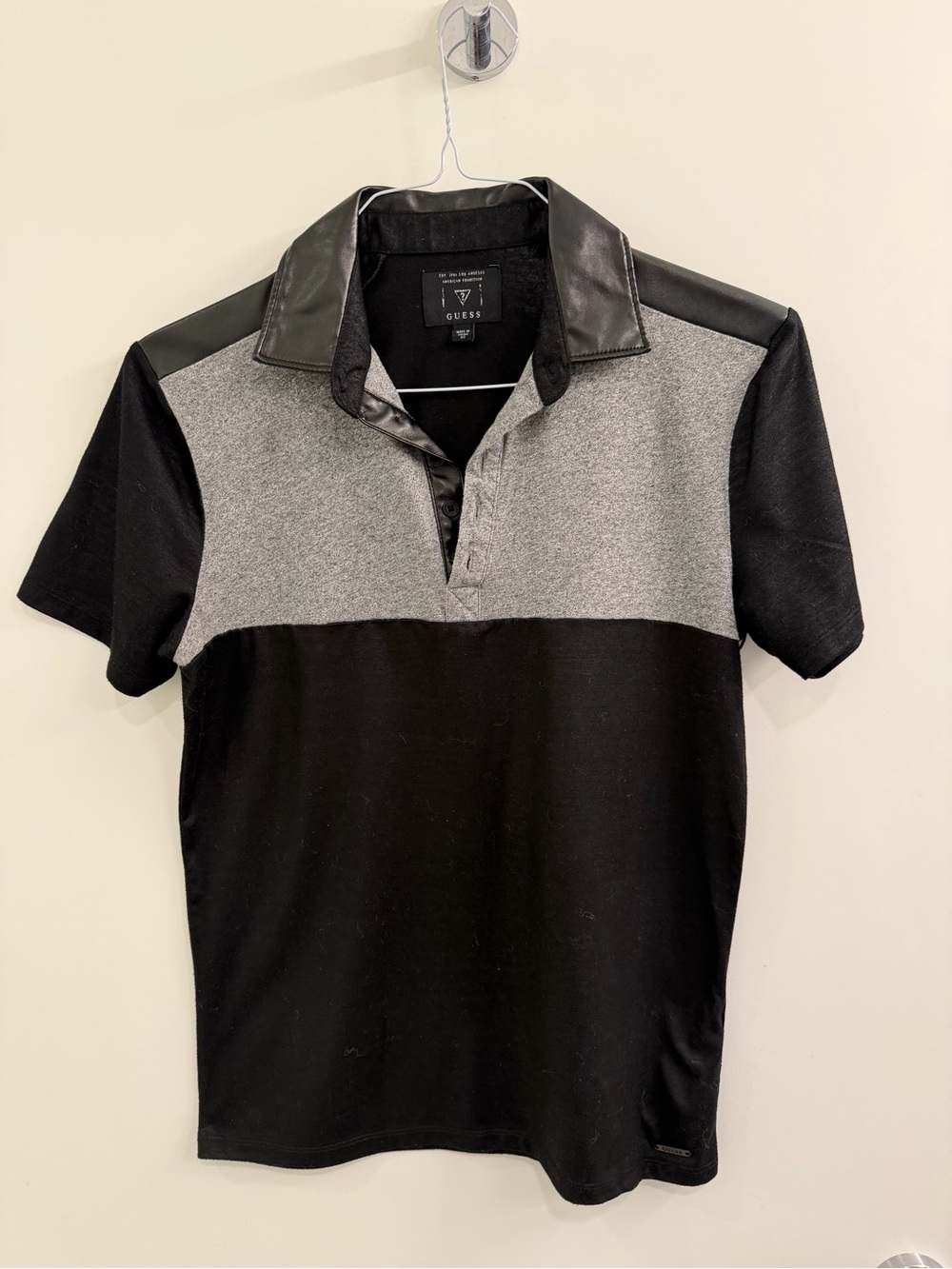 GUESS Men’s Black and Gray Colorblock Polo with Faux Leather Collar